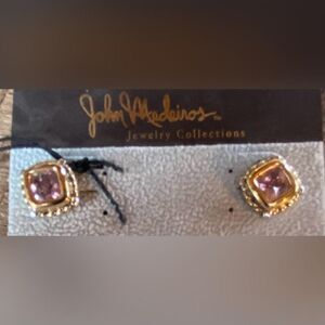 John Medeiros Pink Stone Stud Earrings Gold Tone Square Womens Jewelry Classic